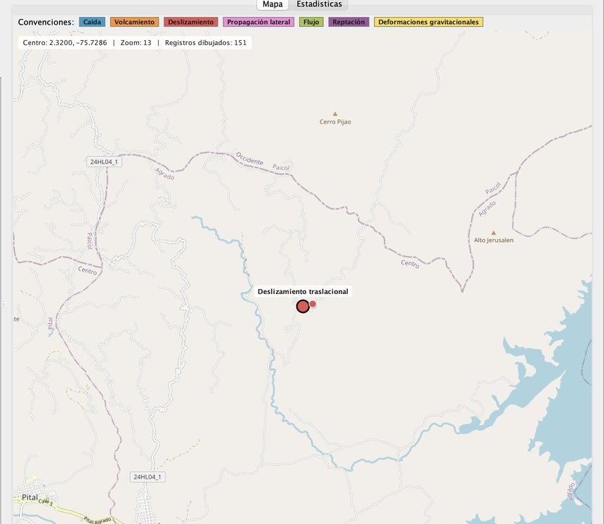 Consulta puntual de un deslizamiento traslacional registrado cerca de Agrado, Huila, sobre el mapa