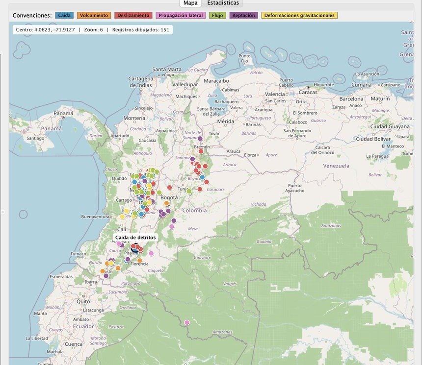 Mapa nacional del sistema propio de consulta del inventario de movimientos en masa del SGC, con 151 registros clasificados por tipo y nivel de amenaza